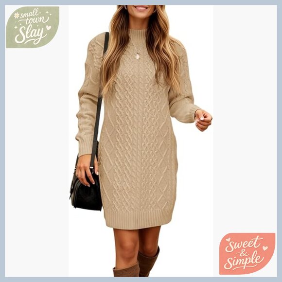 Chunky Cable Knit Turtleneck Sweater Dress Long Sleeve Slim Fit Mini